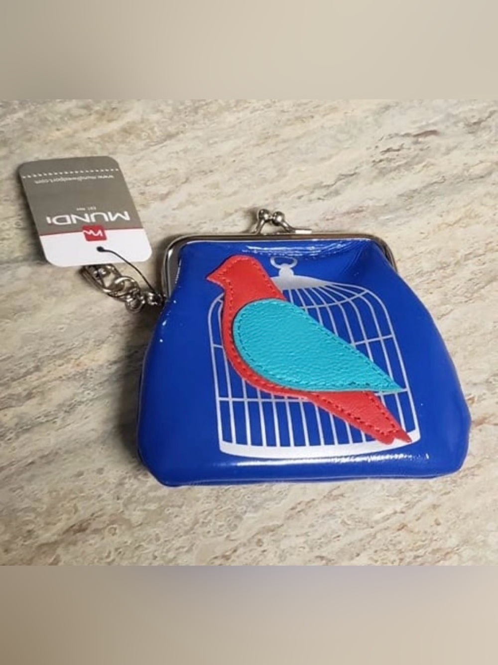 NWT Mundi Blue Coin Purse with Red and Turquoise Bird Applique & cage design